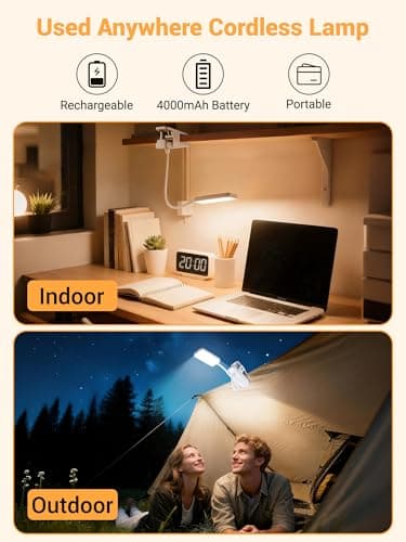 ReinHoo Clip on Light,9 Brightness+5 Color Clip on Lamp with 4000mAh Battery,450 Lumen Rechargeable Desk Lamp with Clamp,48 LED Reading Light for Bed,Cordless Reading Lamps for Bed/Headboard/Craft