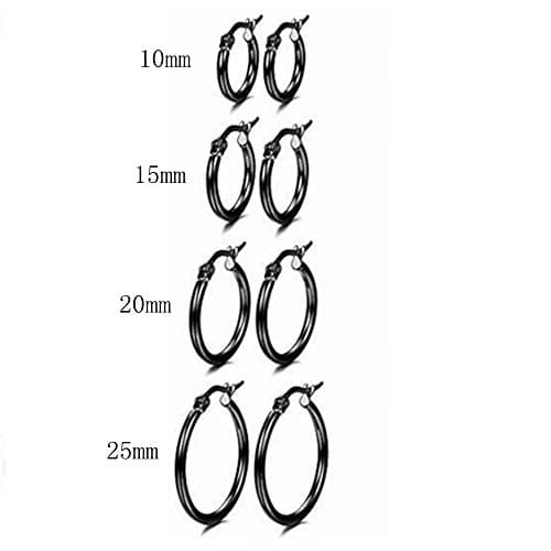 CVAYU 4 Pairs Stainless Steel Round Hoop Cute Huggie Earrings For Women Small Hoop Earring Set(10mm,15mm,20mm,25mm) (Black Tone-4Pairs)