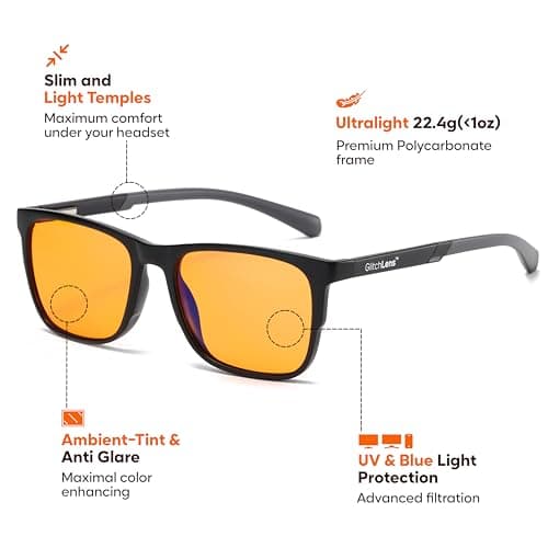 GlitchLens PC Gaming & Computer Glasses | 100% UV400 Protection (99.8% Lab Verified) | Ultra-Light Swiss-Designed Polycarbonate Frame