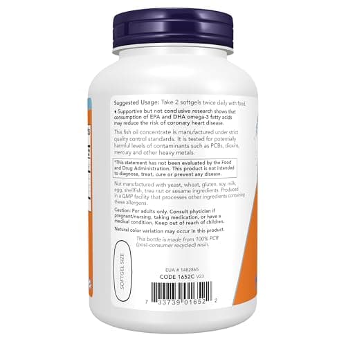 NOW Foods Supplements, Omega-3 180 EPA / 120 DHA, Molecularly Distilled, Cardiovascular Support*, 200 Softgels