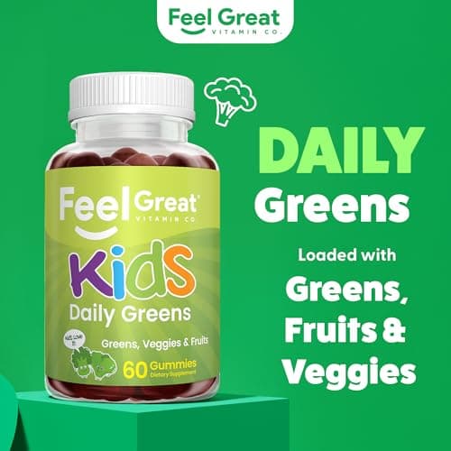Feel Great Super Green Gummies for Kids | Fruit and Vegetable Gummies | Vegan Veggie Gummy Multivitamin for Kids | Veggie Fiber Supplement | 60 Count