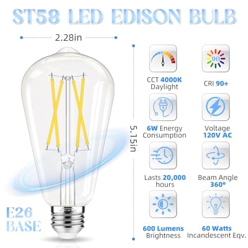 GvvooHome Edison Bulbs 60 watt Equivalent LED, E26 LED Bulb Non-Dimmable, 4000K Daylight White, ST58 Vintage Light Bulbs, 90+ CRI, 6W 600LM, E26 Medium Base, Clear Glass, 12 Pack