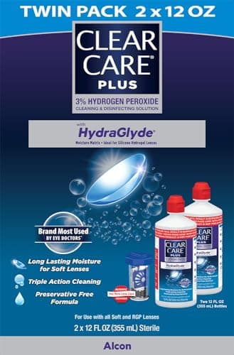 CLEAR CARE PLUS Cleaning & Disinfecting Contact Lens Solution (12 oz, Pack of 2), HydraGlyde Moisture Matrix, For Soft & RGP Lenses, Preservative-Free, Included Lens Case, Deep Cleaning Action
