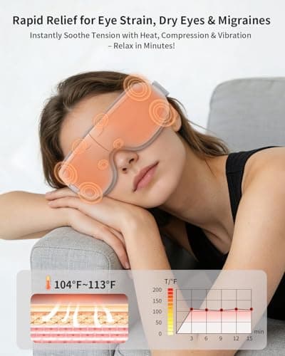 CUZRICH Eye Massager with Heat and Compression - Classic White Heated Eye Mask with Vibration, Bluetooth Music, 6 Modes, Rechargeable 1200mAh Battery for Eye Strain, Dry Eyes, Migraines Relief