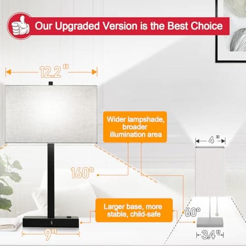 21" Touch Bedside lamps with 2 USB & AC Outlets, 3-Way Dimmable Bedside Table Lamps Set of 2 for Bedroom Living Room Office Reading, Gray Shade Lamps for Night Stands, 5000K LED Bulbs Included