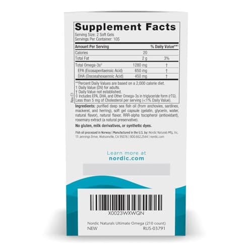 Nordic Naturals Ultimate Omega, Lemon Flavor - 210 Soft Gels - 1280 mg Omega-3 - High-Potency Fish Oil with EPA & DHA - Promotes Brain & Heart Health - Non-GMO - 105 Servings