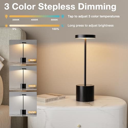 Black Cordless Table Lamp, 4000mAh Rechargeable Battery Powered Lamps, 3 Color Stepless Dimming, LED Wireless Outdoor Lamps for Dining Room, Bedroom, Bar, Cafe, Restaurant, Patio, Camping, Set of 2