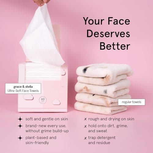 grace & stella Face Towels Disposable - Travel Essentials - Ultra-Soft & Absorbent Face Wipes Towelettes - XL Facial Towels for Cleansing & Makeup Removal - Lint-Free Facial Tissue - Vegan (60 Count)