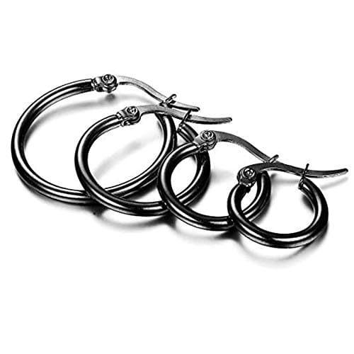 CVAYU 4 Pairs Stainless Steel Round Hoop Cute Huggie Earrings For Women Small Hoop Earring Set(10mm,15mm,20mm,25mm) (Black Tone-4Pairs)
