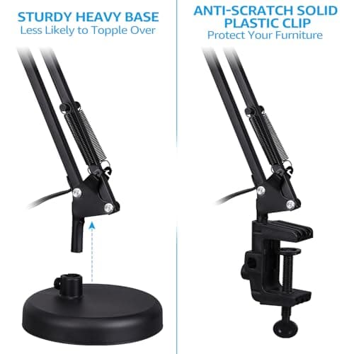 TORCHSTAR Metal Desk Lamp with Clamp, Swing Arm, Architect Adjustable Gooseneck Table Lamp, Clip Desk Lights for Home Office, Work, Study, Reading, E26 Base, Multi-Joint, Black