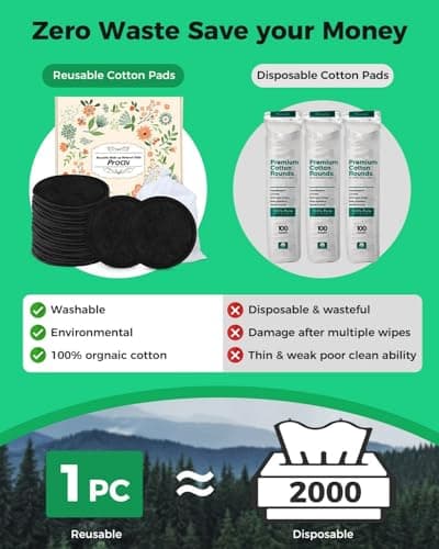ProCIV Reusable Makeup Remover Pads - 25 Pack Washable Organic Cotton Rounds for All Skin Types & Toner with Laundry Bag, Eco Friendly Zero Waste Reusable Cotton Pads Travel Gadgets (Black)