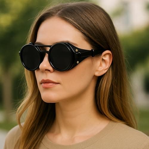 Minedmh Adjustable Tint Steampunk Sunglasses – ND Filter, UV400 Polarized – Retro Round Shades, Leather Side Shields (Classic Black)