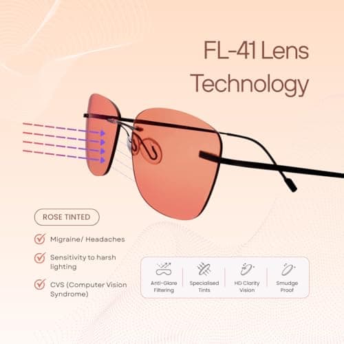 BRADDELL OPTICS FL-41 Rose Tinted Migraine Light Sensitivity Rimless Glasses for Fluorescent LED Glare, Photophobia and Eye Strain