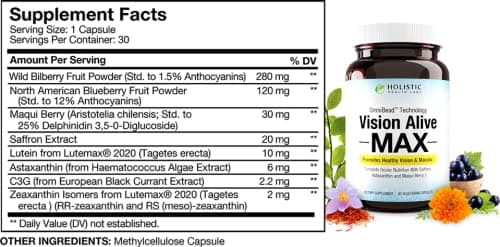 Holistic Health Labs Vision Alive Max with 8 Natural Ingredients Lutemax® 2020, Bilberries, Blueberries, c3g from Black Currant, Maqui Berry, Saffron, and Astaxanthin (30 Count (Pack of 1))