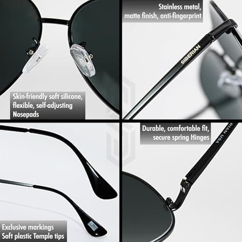 SIBERIAN 100% Real Glass Aviator 60mm USA Premium Pilot Sunglasses Men/Women UV400 Protection Non-Polarized (BLACK lenses/BLACK frame)