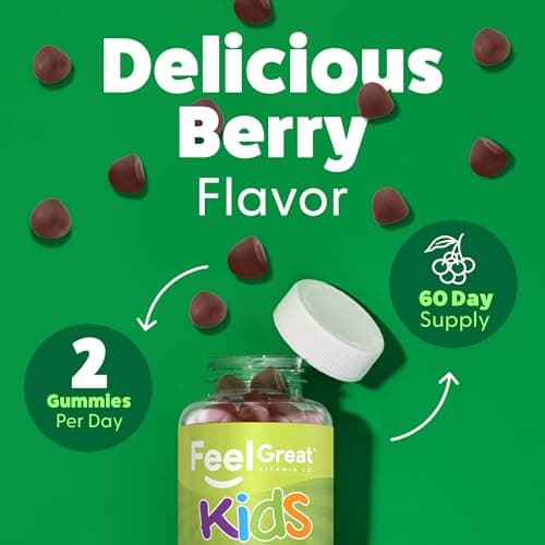 Feel Great Super Green Gummies for Kids | Fruit and Vegetable Gummies | Vegan Veggie Gummy Multivitamin for Kids | Veggie Fiber Supplement | 60 Count