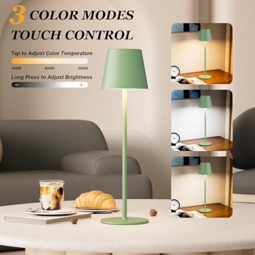 Kakanuo Cordless Table Lamp Rechargeable Green - KK 2 Pack 5000mAH Battery Operated Lamp for Dining Table, 3 Color Stepless Dimming Wireless Lamp for Counter, Outdoor Patio, Touch Control