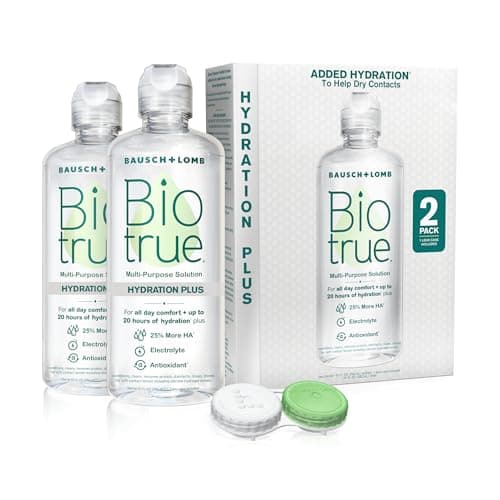 Biotrue Hydration Plus Contact Lens Solution with Lens Case, Multi-Purpose Solution for Soft Lenses, Hydrates with Hyaluronan, Cleans, Clears, and Disinfects for All-Day Comfort, 10 Fl Oz (Pack of 2)