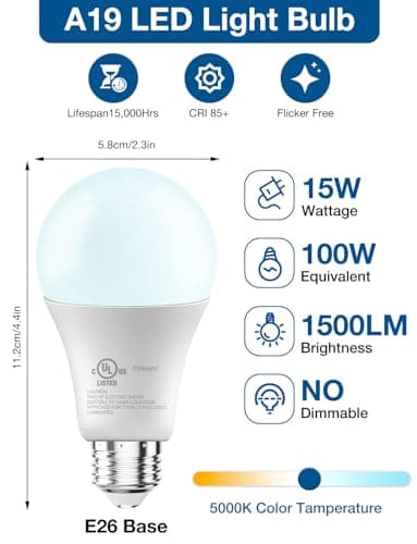 DAYBETTER LED Light Bulbs, A19 5000K Daylight Light Bulbs 100 Watt Equivalent, 1500LM Bright White Light Bulbs, E26 Standard Base, Non-Dimmable, 15 Watt Lightbulbs for Home Office, 12 Pack