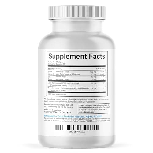 VISION PROTECTION AREDS 2 Eye Vitamin & Mineral Supplement for Ocular Health, Natural Eye Institute AREDS 2 Study Formula with Lutein, Vitamin C, & Zeaxanthin, 120 Mini Softgels