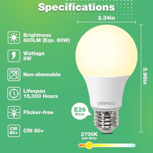 DEGNJU A19 LED Light Bulbs, 60 Watt Equivalent LED Bulbs, Soft White 2700K, 800 Lumens, E26 Standard Base, Non-Dimmable, 8W Warm White LED Bulbs for Bedroom Living Room, 3 Pack