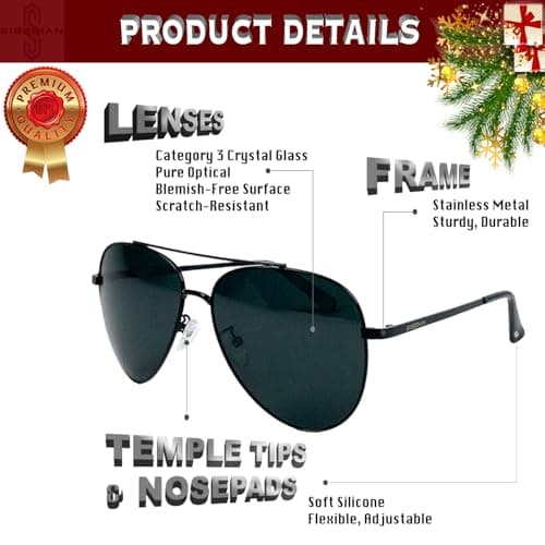 SIBERIAN 100% Real Glass Aviator 60mm USA Premium Pilot Sunglasses Men/Women UV400 Protection Non-Polarized (BLACK lenses/BLACK frame)