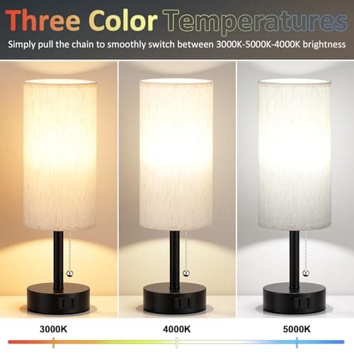 Bedside Table Lamps Set of 2-3 Color Temperatures Pull Chain Lamp with AC Outlet Charging Port, Small Round Night Stand Lamps for Bedroom Guest Room Office, Bed Side Light with E26 LED Bulbs