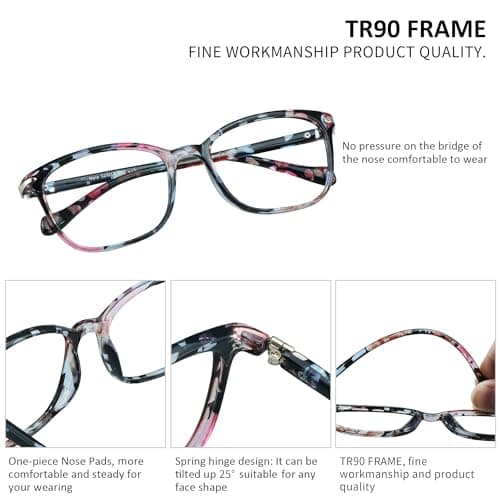 VisionGlobal Blue Light Blocking Glasses for Women, Computer Reading, TV Glasses, Stylish Square Frame(+1.50 Magnification)