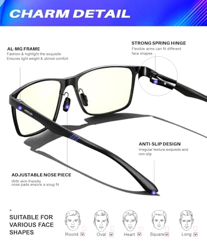 ANYLUV Blue Light Glasses Men, Relieve Eyestrain and Eye Protection, Al-Mg Metal Computer Blue Light Blocking Glasses Clear Black