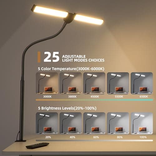 Motumen Led Desk Lamp for Home Office, Eye-Care Architect Light with Clamp, Smart Double Head Computer Monitor Table Clip Lamp, Adjustable Flexible Goose-Neck, 25 Lighting Models, Task Lamp, Black