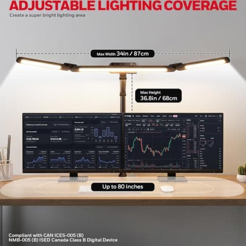 Honeywell Wide Desk Lamp with Clamp for Dual Monitors, 22W Full-Spectrum Eye-Caring LED Desk Lamp for Home Office, 3-Section Adjustable Architect Light for Large Desk, Stepless Dimming, 3000K-5700K
