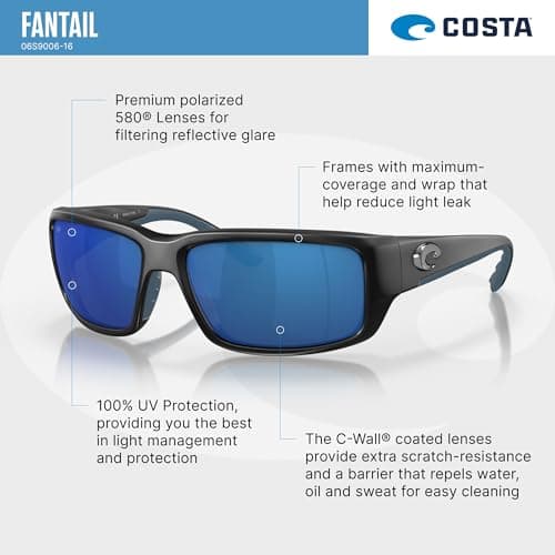 Costa Del Mar Sunglasses for Men - Fantail Mens Polarized Sunglasses, UV Protection for Fishing, Boating & Beach - Matte Black/Grey 580P - Size 59
