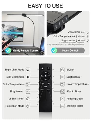 ReinHoo LED Desk Lamp for Home Office,5 Color+9 Brightness Office Desk Lamp,1200Lumen Eye Protection Desk Light,Computer Light with Remote Control & Timer for Office/Monitor/Computer/Study/Puzzle