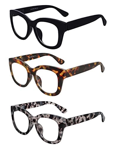 AMOMOMA 3 Pack Retro Oversized Reading Glasses for Women Blue Light Blocking Computer Readers Spring hinge AM6003 with Black+Brown+Grey Tortoise Frame 1.50 x