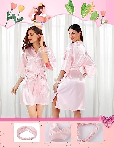 ALHAVONE Bride Bridesmaid Robes Set of 6 Short Silky Satin Robes Bulk Women Kimono for Wedding Bridal Birthday Spa Party (Pink, Set of 6)