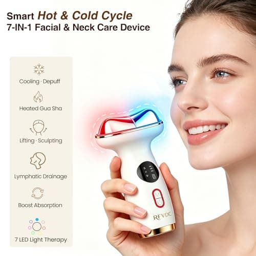 RFVDC Cold Heat Gua Sha Facial Neck Lymphatic Massager, 7-in-1 LED Red Light Face Depuffer Sculpting Tool, Hot Electric Gua Sha Lift Device & Cooling Depuffing Wand, for Contouring, Firming
