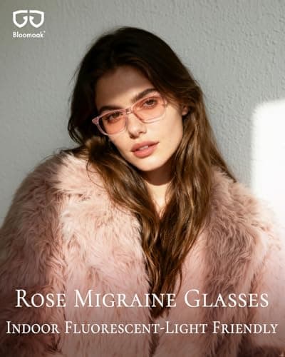 Bloomoak Rose Migraine Glasses,FL-Flex Light Sensitivity Relief Tinted Glasses for Indoor Fluorescent Glare/Women (Migraine glasses, Light Rose Coral - Transparent Petal Pink Frame(Light · Indoor))