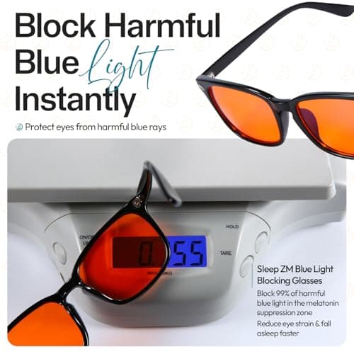Sleep ZM Blue Light Blocking Glasses for Women + Men - Better Sleep + Anti Eye Strain Protection - Computer Screens & Gaming - Black Wayfarer - 99% Night-time Amber Lens