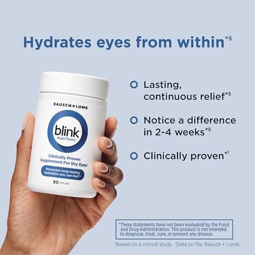 Blink NutriTears Clinically Proven Supplement for Dry Eyes, Eye Care with Lutein & Zeaxanthin and Vitamin D to Hydrate Eyes from Within for Long-Lasting Relief, 50 Softgels