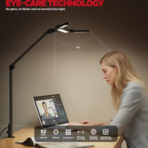 Honeywell Wide Desk Lamp with Clamp for Dual Monitors, 22W Full-Spectrum Eye-Caring LED Desk Lamp for Home Office, 3-Section Adjustable Architect Light for Large Desk, Stepless Dimming, 3000K-5700K
