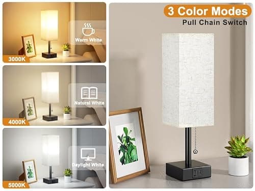 Bedside Table Lamp with 3 Color Temperatures - 3000/4000/5000K Small Lamp with USB C+A Ports, Nightstand Lamp with 3 Color Modes by Pull Chain, Bedroom Lamp for Living Read Work(LED Bulb Included)