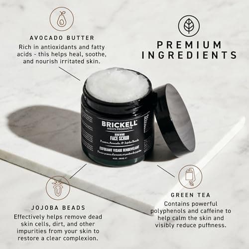 Brickell Men's Renewing Face Scrub for Men, Natural and Organic Deep Exfoliating Facial Scrub Formulated with Jojoba Beads, Coffee Extract and Pumice, 4 Ounce, Scented