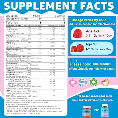 Saffron +Magnesium Glycinate +Omega-3 - Calm Focus Gummies for Kids 4+, Saffron Extract Supplement with L-Theanine, Holy Basil, Rosemary, B6, D3 for Happy Mood, Cognition, ZZz, Sugar Free, 2 Pack