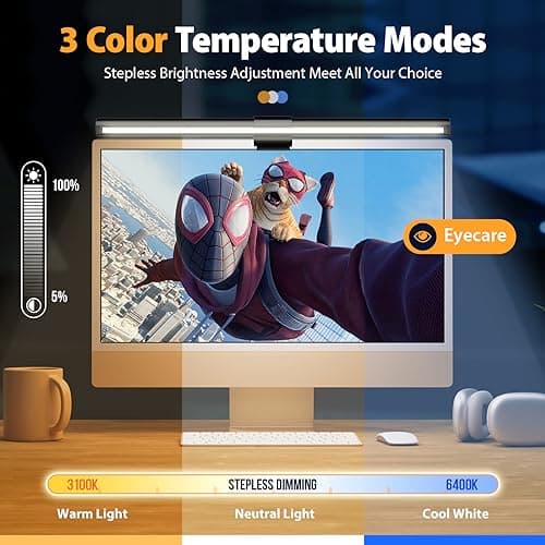 Coolait Computer Monitor Light,Screen Monitor Light Bar with Backlight for Eye Caring, E-Reading LED Task Lamp with Color/Dimming Adjustment,Touch Control,No Screen Glare Space Saving Home Office Lamp