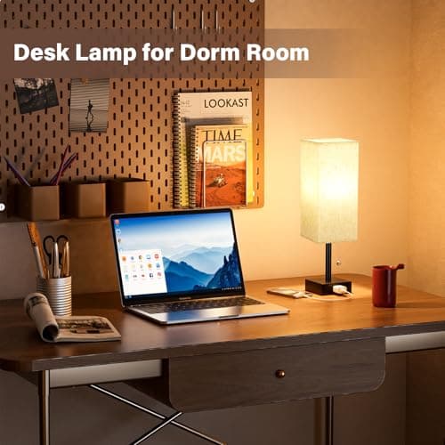 Bedside Table Lamps for Bedroom Set of 2 - Small Rectangular Nightstand Lamp with AC Outlet Charging Port, 3 Color Temperatures Desk Light with Bulb, Tabletop Reading Lamp for Living Room/Dorm/Office