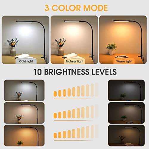 Voncerus LED Desk Lamp with Clamp, Eye-Caring Clip on Lights for Home Office, 3 Modes 10 Brightness, Long Flexible Goose-Neck, Metal, Swing Arm Architect Task Table Lamps with USB Adapter, Black