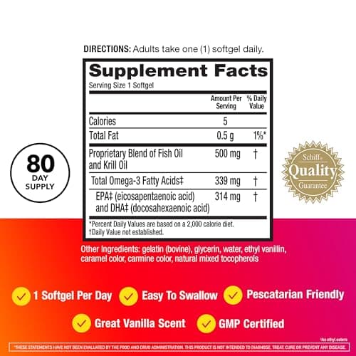 MegaRed Omega-3 Fish Oil + High Absorption Krill Oil 500mg Softgels (80 Count (Pack of 1))