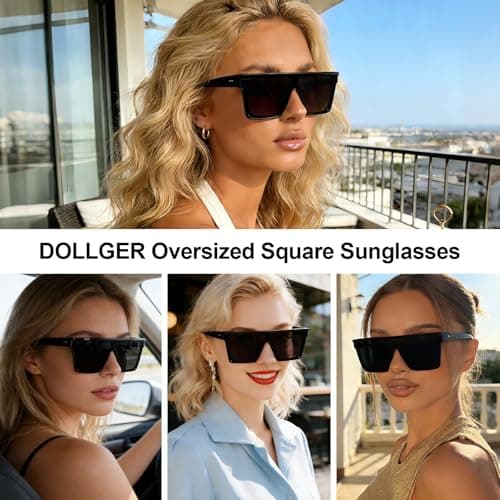 Dollger Square Oversized Sunglasses for Women Men Trendy Fashion Flat Top Big Black Frame Shades Black Large Uv protection