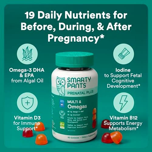 SmartyPants Prenatal Multivitamin Gummies with Omega 3 DHA/EPA, Methylfolate, Biotin, Vitamins D3, C, B12, B6, A, K, and Zinc, Gluten Free, Clean Label, Two Fruit Flavors, 90 Gummies (30 Day Supply)