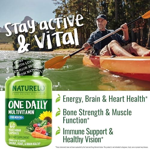 NATURELO Mens Multivitamins for Men 50+ - One Daily Multivitamin for Men with Vitamins, Minerals & Organic Whole Foods, Boost Energy & Health, Non-GMO, 60 Vegetarian Capsules